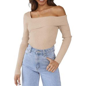 Womens Off Shoulder Long Sleeve Knitted Lightweight Top